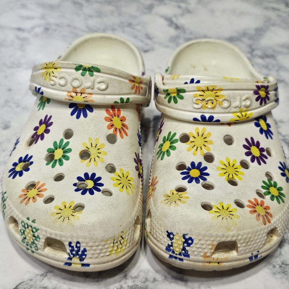 CROCS White and Yellow Clogs with Floral Design